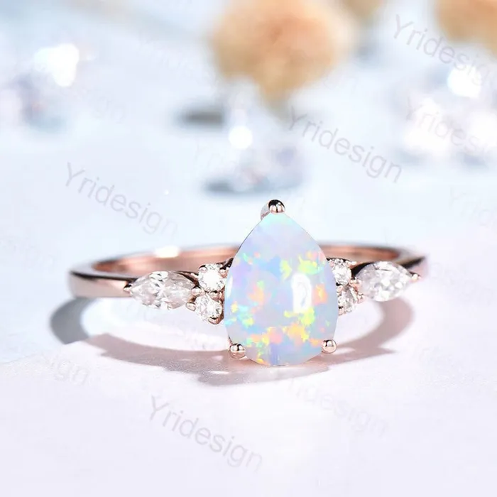 Rings Retro Pear Shaped Opal Ring Rose Gold Fire Opal Ruby Engagement Ring Seven Stone Cluster Promise Ring October Birthstone Anniversary gift PENFINE Rings Retro Pear Shaped Opal Ring Rose Gold Fire Opal Ruby Engagement Ring Seven Stone Cluster Promise Ring October Birthstone Anniversary gift PENFINE