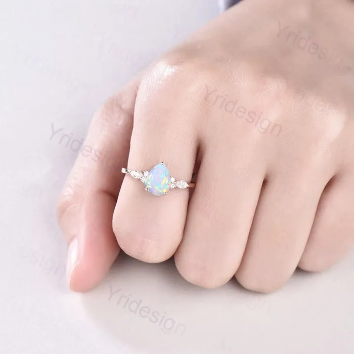 Rings Retro Pear Shaped Opal Ring Rose Gold Fire Opal Ruby Engagement Ring Seven Stone Cluster Promise Ring October Birthstone Anniversary gift PENFINE Rings Retro Pear Shaped Opal Ring Rose Gold Fire Opal Ruby Engagement Ring Seven Stone Cluster Promise Ring October Birthstone Anniversary gift PENFINE