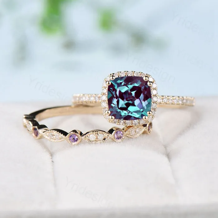 Rings Vintage Cushion alexandrite wedding ring set 14k rose gold classic alexandrite diamond engagement ring women Antique halo ring bridal set PENFINE Rings Vintage Cushion alexandrite wedding ring set 14k rose gold classic alexandrite diamond engagement ring women Antique halo ring bridal set PENFINE