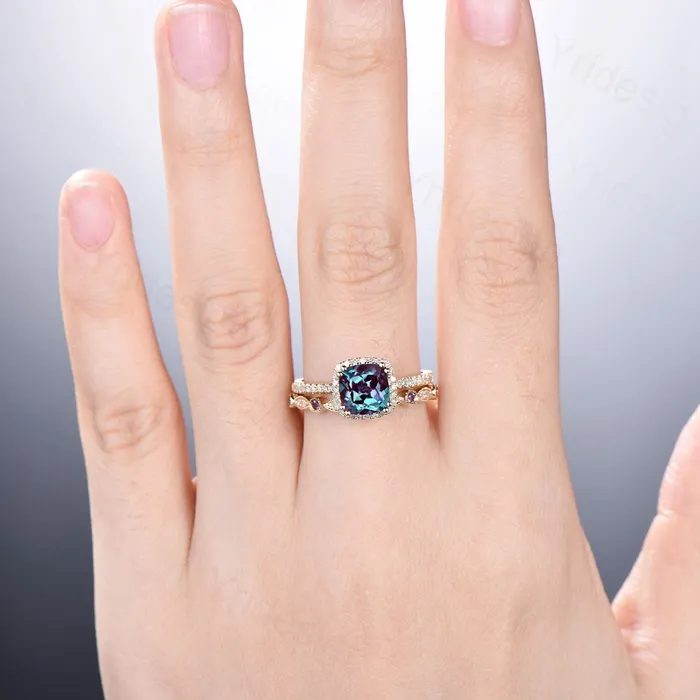 Rings Vintage Cushion alexandrite wedding ring set 14k rose gold classic alexandrite diamond engagement ring women Antique halo ring bridal set PENFINE Rings Vintage Cushion alexandrite wedding ring set 14k rose gold classic alexandrite diamond engagement ring women Antique halo ring bridal set PENFINE