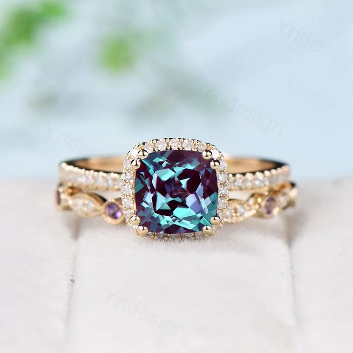 Rings Vintage Cushion alexandrite wedding ring set 14k rose gold classic alexandrite diamond engagement ring women Antique halo ring bridal set PENFINE Rings Vintage Cushion alexandrite wedding ring set 14k rose gold classic alexandrite diamond engagement ring women Antique halo ring bridal set PENFINE