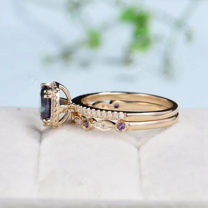 Rings Vintage Cushion alexandrite wedding ring set 14k rose gold classic alexandrite diamond engagement ring women Antique halo ring bridal set PENFINE Rings Vintage Cushion alexandrite wedding ring set 14k rose gold classic alexandrite diamond engagement ring women Antique halo ring bridal set PENFINE