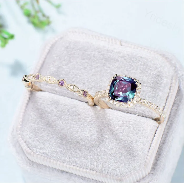 Rings Vintage Cushion alexandrite wedding ring set 14k rose gold classic alexandrite diamond engagement ring women Antique halo ring bridal set PENFINE Rings Vintage Cushion alexandrite wedding ring set 14k rose gold classic alexandrite diamond engagement ring women Antique halo ring bridal set PENFINE