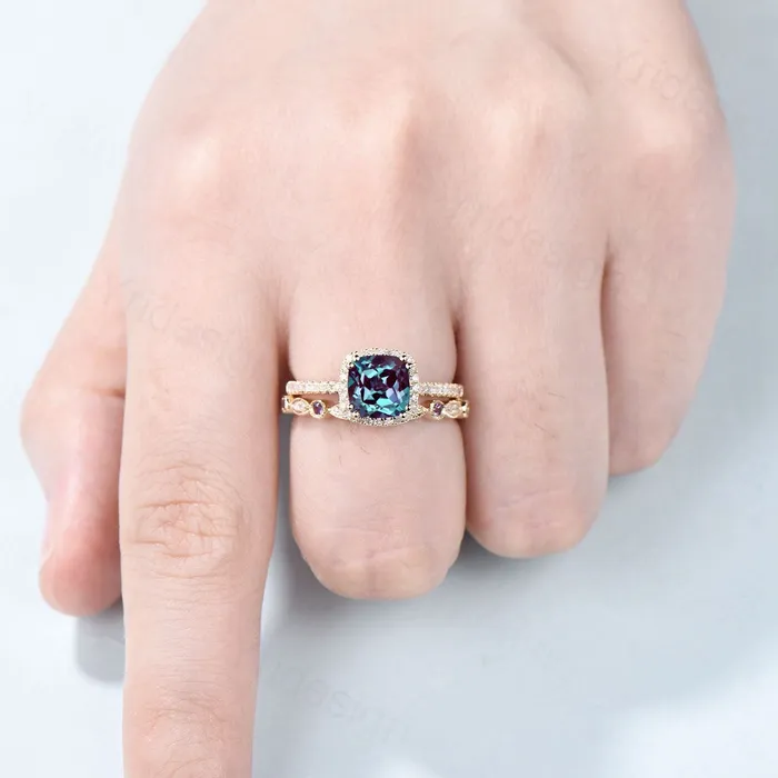 Rings Vintage Cushion alexandrite wedding ring set 14k rose gold classic alexandrite diamond engagement ring women Antique halo ring bridal set PENFINE Rings Vintage Cushion alexandrite wedding ring set 14k rose gold classic alexandrite diamond engagement ring women Antique halo ring bridal set PENFINE