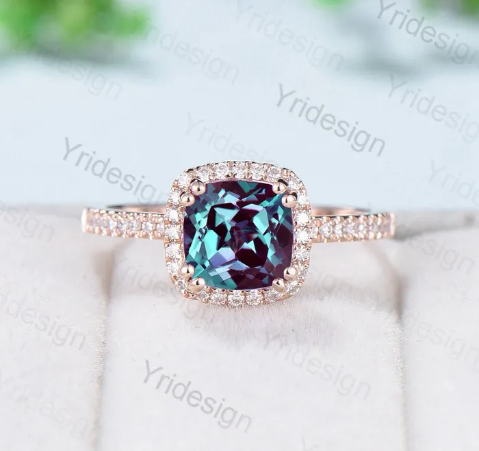 Rings Vintage Cushion alexandrite wedding ring set 14k rose gold classic alexandrite diamond engagement ring women Antique halo ring bridal set PENFINE Rings Vintage Cushion alexandrite wedding ring set 14k rose gold classic alexandrite diamond engagement ring women Antique halo ring bridal set PENFINE