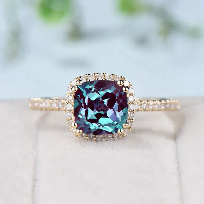Rings Vintage Cushion alexandrite wedding ring set 14k rose gold classic alexandrite diamond engagement ring women Antique halo ring bridal set PENFINE Rings Vintage Cushion alexandrite wedding ring set 14k rose gold classic alexandrite diamond engagement ring women Antique halo ring bridal set PENFINE