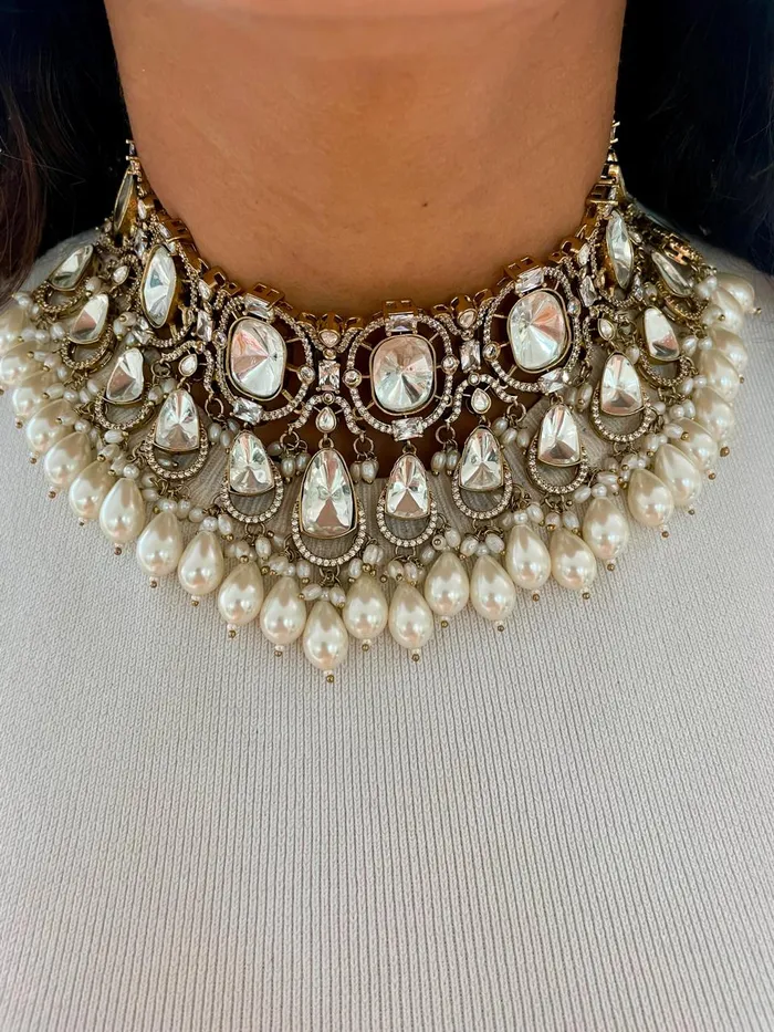 Umsaw Mogra Pearl Drops Polki Kundan Necklace Set Necklace Earrings Mang Tika PRERTO ECOMMERCE PRIVATE LIMITED Necklaces Umsaw Mogra Pearl Drops Polki Kundan Necklace Set Necklace Earrings Mang Tika PRERTO ECOMMERCE PRIVATE LIMITED Necklaces