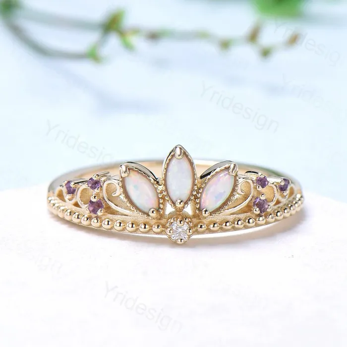 Unique Crown Opal Wedding Band 14K Yellow Gold Art Deco White Opal Stacking Wedding Ring October Birthstone Stacking Band Anniversary gift PENFINE Rings Unique Crown Opal Wedding Band 14K Yellow Gold Art Deco White Opal Stacking Wedding Ring October Birthstone Stacking Band Anniversary gift PENFINE Rings