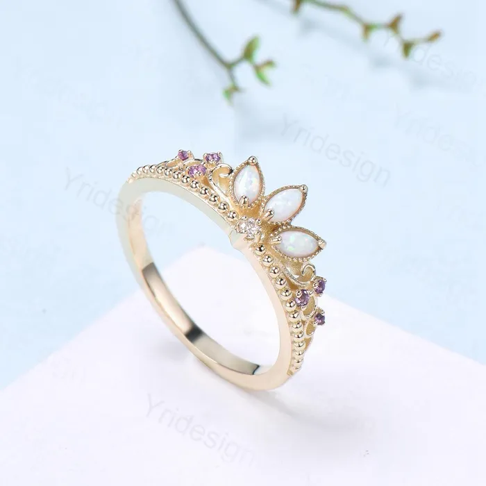 Unique Crown Opal Wedding Band 14K Yellow Gold Art Deco White Opal Stacking Wedding Ring October Birthstone Stacking Band Anniversary gift PENFINE Rings Unique Crown Opal Wedding Band 14K Yellow Gold Art Deco White Opal Stacking Wedding Ring October Birthstone Stacking Band Anniversary gift PENFINE Rings