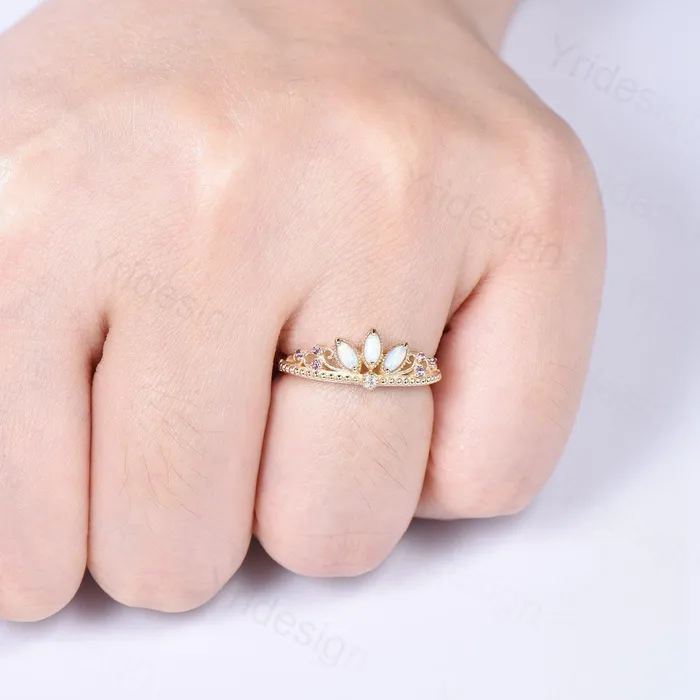 Unique Crown Opal Wedding Band 14K Yellow Gold Art Deco White Opal Stacking Wedding Ring October Birthstone Stacking Band Anniversary gift PENFINE Rings Unique Crown Opal Wedding Band 14K Yellow Gold Art Deco White Opal Stacking Wedding Ring October Birthstone Stacking Band Anniversary gift PENFINE Rings