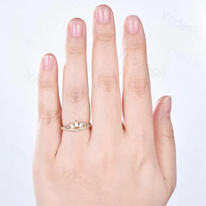 Unique Crown Opal Wedding Band 14K Yellow Gold Art Deco White Opal Stacking Wedding Ring October Birthstone Stacking Band Anniversary gift PENFINE Rings Unique Crown Opal Wedding Band 14K Yellow Gold Art Deco White Opal Stacking Wedding Ring October Birthstone Stacking Band Anniversary gift PENFINE Rings
