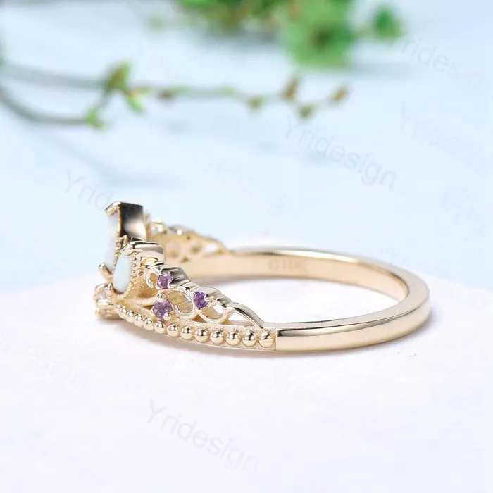 Unique Crown Opal Wedding Band 14K Yellow Gold Art Deco White Opal Stacking Wedding Ring October Birthstone Stacking Band Anniversary gift PENFINE Rings Unique Crown Opal Wedding Band 14K Yellow Gold Art Deco White Opal Stacking Wedding Ring October Birthstone Stacking Band Anniversary gift PENFINE Rings
