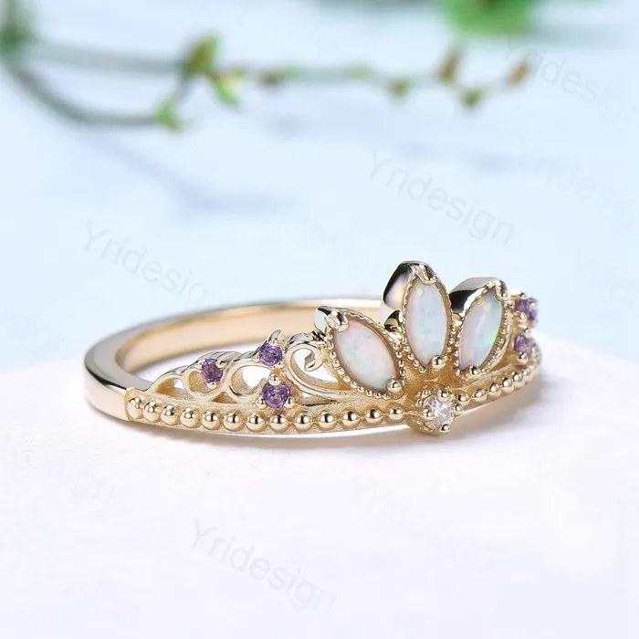 Unique Crown Opal Wedding Band 14K Yellow Gold Art Deco White Opal Stacking Wedding Ring October Birthstone Stacking Band Anniversary gift PENFINE Rings Unique Crown Opal Wedding Band 14K Yellow Gold Art Deco White Opal Stacking Wedding Ring October Birthstone Stacking Band Anniversary gift PENFINE Rings