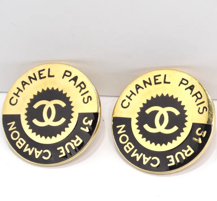 Vintage by Misty Earrings Chanel 1980s 31 Rue Cambon Logo Black Gold Plated Earrings