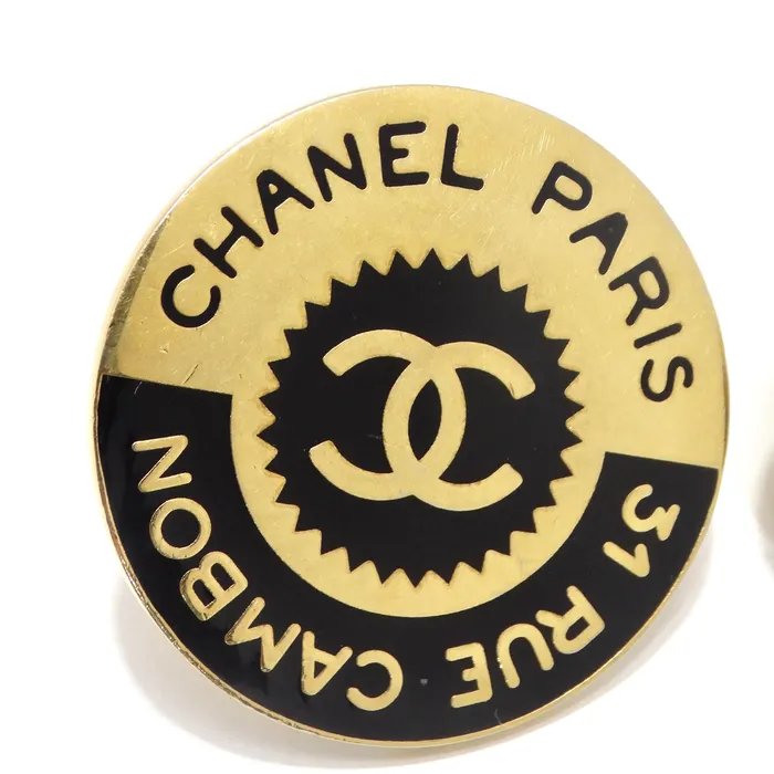 Vintage by Misty Earrings Chanel 1980s 31 Rue Cambon Logo Black Gold Plated Earrings