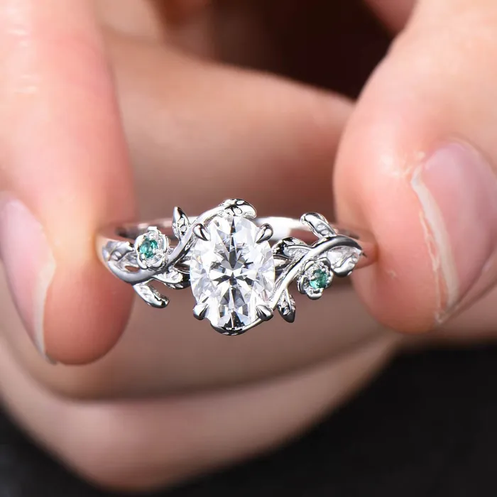 Vintage Floral moissanite emerald wedding ring set Nature Inspired flower engagement ring set unique twig leaf branch bridal ring set women PENFINE Rings Vintage Floral moissanite emerald wedding ring set Nature Inspired flower engagement ring set unique twig leaf branch bridal ring set women PENFINE Rings