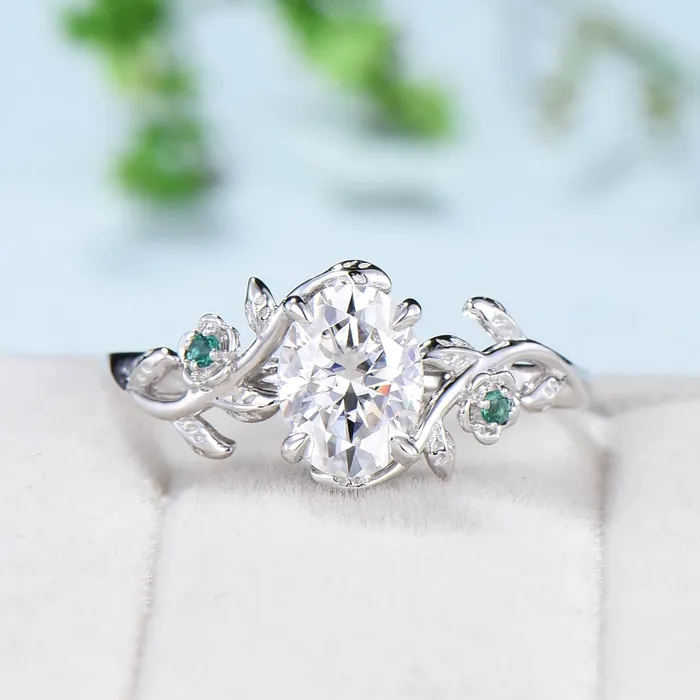 Vintage Floral moissanite emerald wedding ring set Nature Inspired flower engagement ring set unique twig leaf branch bridal ring set women PENFINE Rings Vintage Floral moissanite emerald wedding ring set Nature Inspired flower engagement ring set unique twig leaf branch bridal ring set women PENFINE Rings