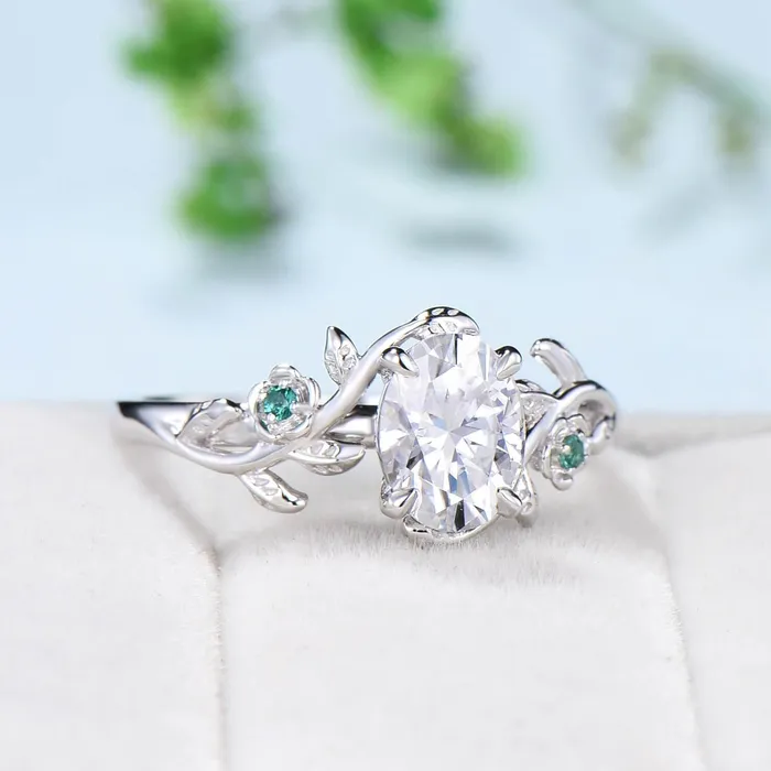 Vintage Floral moissanite emerald wedding ring set Nature Inspired flower engagement ring set unique twig leaf branch bridal ring set women PENFINE Rings Vintage Floral moissanite emerald wedding ring set Nature Inspired flower engagement ring set unique twig leaf branch bridal ring set women PENFINE Rings