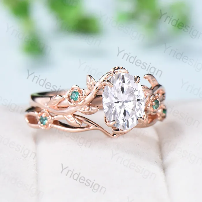 Vintage Floral moissanite emerald wedding ring set Nature Inspired flower engagement ring set unique twig leaf branch bridal ring set women PENFINE Rings Vintage Floral moissanite emerald wedding ring set Nature Inspired flower engagement ring set unique twig leaf branch bridal ring set women PENFINE Rings