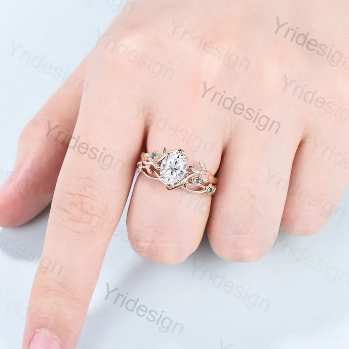 Vintage Floral moissanite emerald wedding ring set Nature Inspired flower engagement ring set unique twig leaf branch bridal ring set women PENFINE Rings Vintage Floral moissanite emerald wedding ring set Nature Inspired flower engagement ring set unique twig leaf branch bridal ring set women PENFINE Rings