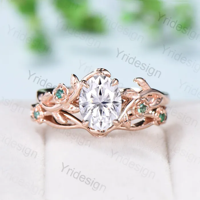 Vintage Floral moissanite emerald wedding ring set Nature Inspired flower engagement ring set unique twig leaf branch bridal ring set women PENFINE Rings Vintage Floral moissanite emerald wedding ring set Nature Inspired flower engagement ring set unique twig leaf branch bridal ring set women PENFINE Rings