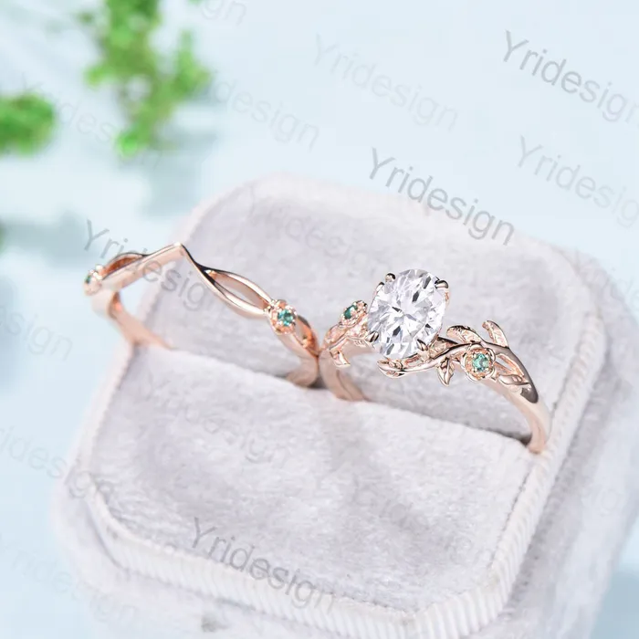 Vintage Floral moissanite emerald wedding ring set Nature Inspired flower engagement ring set unique twig leaf branch bridal ring set women PENFINE Rings Vintage Floral moissanite emerald wedding ring set Nature Inspired flower engagement ring set unique twig leaf branch bridal ring set women PENFINE Rings