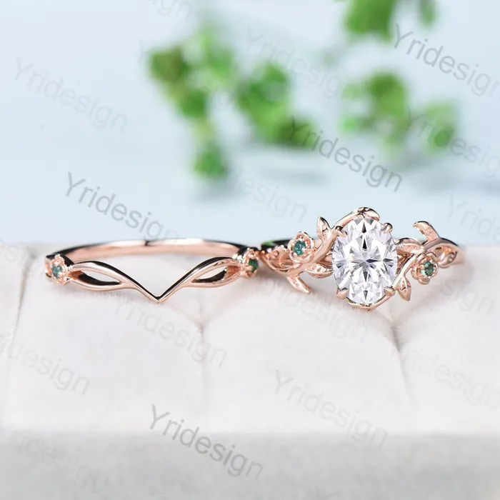 Vintage Floral moissanite emerald wedding ring set Nature Inspired flower engagement ring set unique twig leaf branch bridal ring set women PENFINE Rings Vintage Floral moissanite emerald wedding ring set Nature Inspired flower engagement ring set unique twig leaf branch bridal ring set women PENFINE Rings