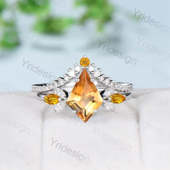 Vintage kite cut citrine engagement ring set rose gold Unique 7 stone marquise citrine wedding ring set for women moissanite bridal ring set PENFINE Rings Vintage kite cut citrine engagement ring set rose gold Unique 7 stone marquise citrine wedding ring set for women moissanite bridal ring set PENFINE Rings
