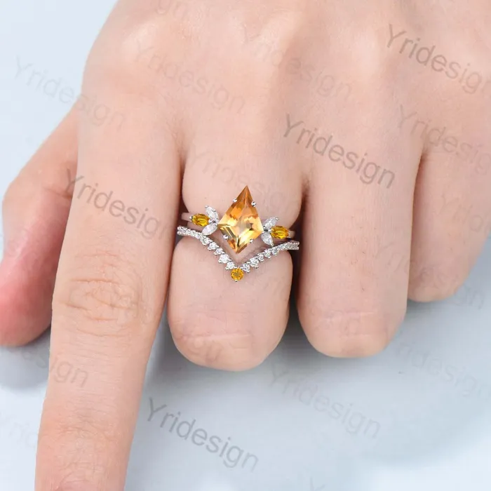 Vintage kite cut citrine engagement ring set rose gold Unique 7 stone marquise citrine wedding ring set for women moissanite bridal ring set PENFINE Rings Vintage kite cut citrine engagement ring set rose gold Unique 7 stone marquise citrine wedding ring set for women moissanite bridal ring set PENFINE Rings
