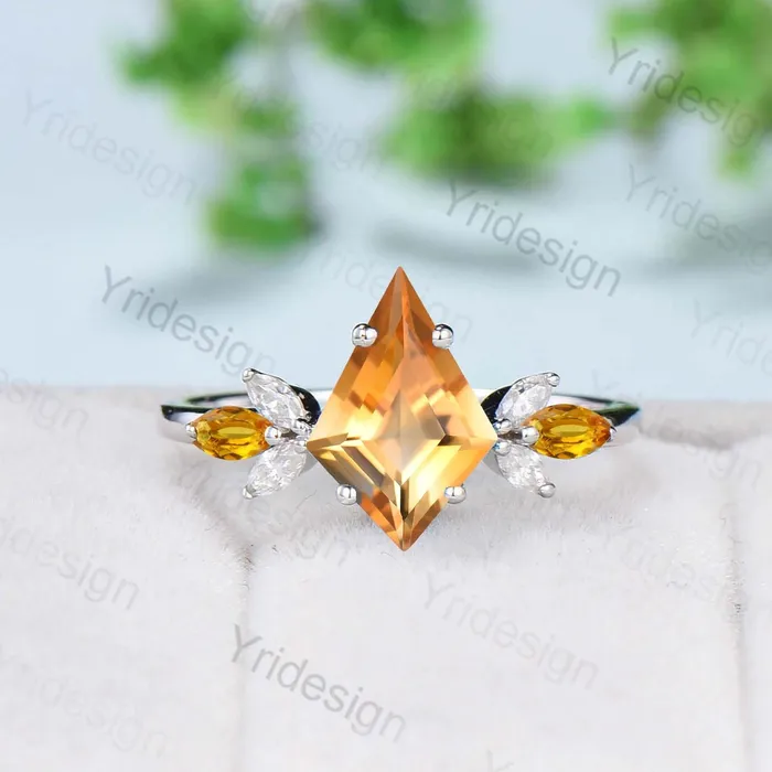 Vintage kite cut citrine engagement ring set rose gold Unique 7 stone marquise citrine wedding ring set for women moissanite bridal ring set PENFINE Rings Vintage kite cut citrine engagement ring set rose gold Unique 7 stone marquise citrine wedding ring set for women moissanite bridal ring set PENFINE Rings