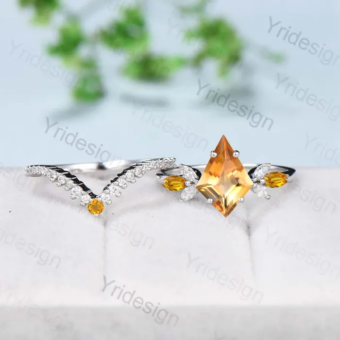 Vintage kite cut citrine engagement ring set rose gold Unique 7 stone marquise citrine wedding ring set for women moissanite bridal ring set PENFINE Rings Vintage kite cut citrine engagement ring set rose gold Unique 7 stone marquise citrine wedding ring set for women moissanite bridal ring set PENFINE Rings