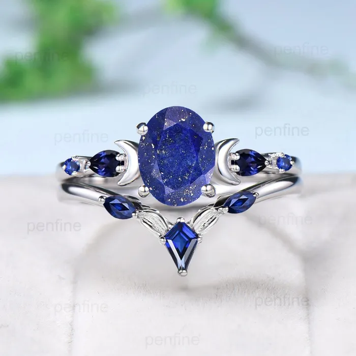 Vintage Moon Design Lapis Lazuli Engagement Ring Set Elegant Cluster pear Sapphire five stone wedding set Blue gemstone promise ring women PENFINE Rings Vintage Moon Design Lapis Lazuli Engagement Ring Set Elegant Cluster pear Sapphire five stone wedding set Blue gemstone promise ring women PENFINE Rings