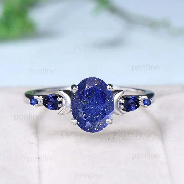 Vintage Moon Design Lapis Lazuli Engagement Ring Set Elegant Cluster pear Sapphire five stone wedding set Blue gemstone promise ring women PENFINE Rings Vintage Moon Design Lapis Lazuli Engagement Ring Set Elegant Cluster pear Sapphire five stone wedding set Blue gemstone promise ring women PENFINE Rings