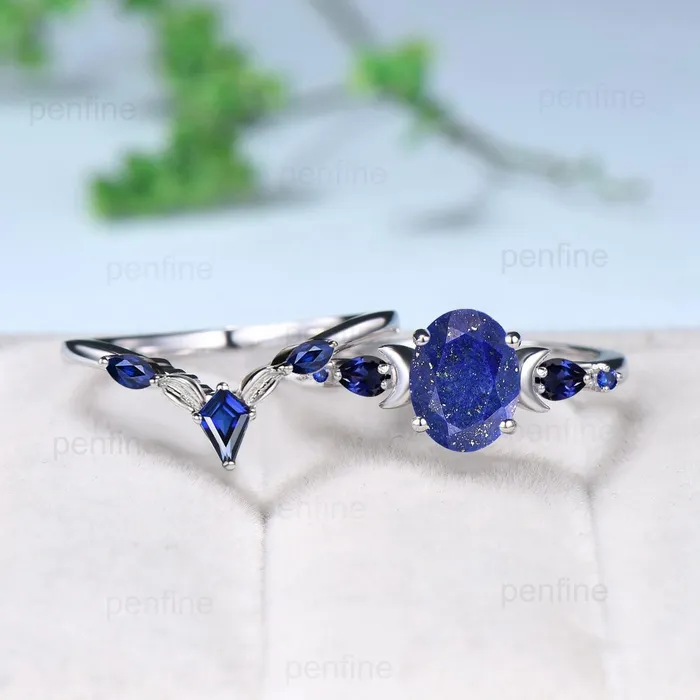 Vintage Moon Design Lapis Lazuli Engagement Ring Set Elegant Cluster pear Sapphire five stone wedding set Blue gemstone promise ring women PENFINE Rings Vintage Moon Design Lapis Lazuli Engagement Ring Set Elegant Cluster pear Sapphire five stone wedding set Blue gemstone promise ring women PENFINE Rings