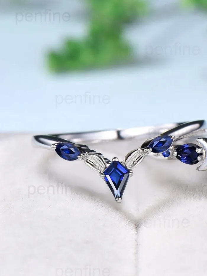 Vintage Moon Design Lapis Lazuli Engagement Ring Set Elegant Cluster pear Sapphire five stone wedding set Blue gemstone promise ring women PENFINE Rings Vintage Moon Design Lapis Lazuli Engagement Ring Set Elegant Cluster pear Sapphire five stone wedding set Blue gemstone promise ring women PENFINE Rings