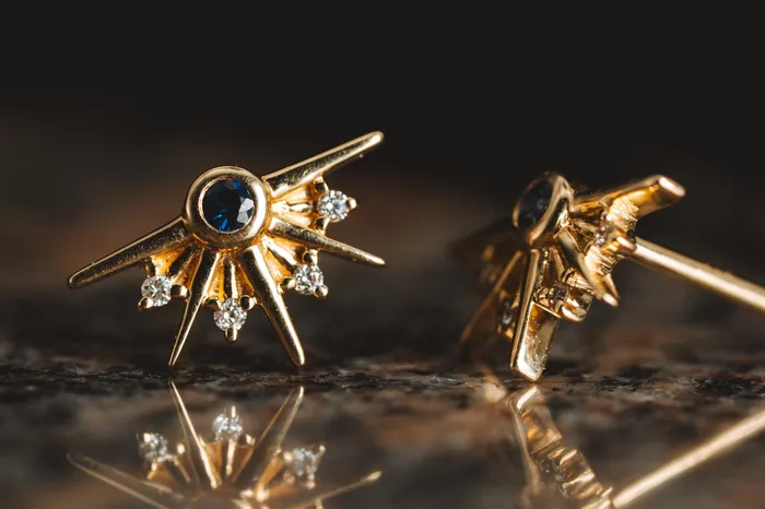 Art FX fine jewelry Earrings 14k Yellow Gold Sapphire and Diamond Earrings