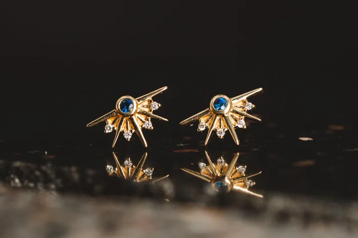 Art FX fine jewelry Earrings 14k Yellow Gold Sapphire and Diamond Earrings