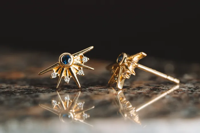 Art FX fine jewelry Earrings 14k Yellow Gold Sapphire and Diamond Earrings
