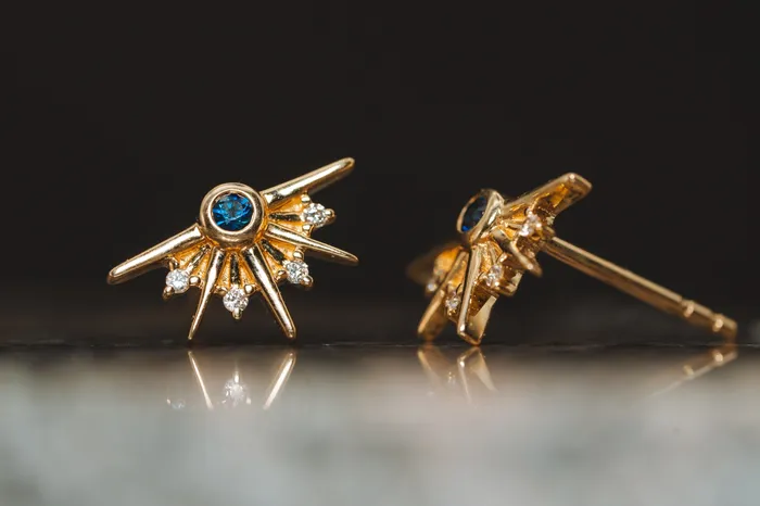 Art FX fine jewelry Earrings 14k Yellow Gold Sapphire and Diamond Earrings