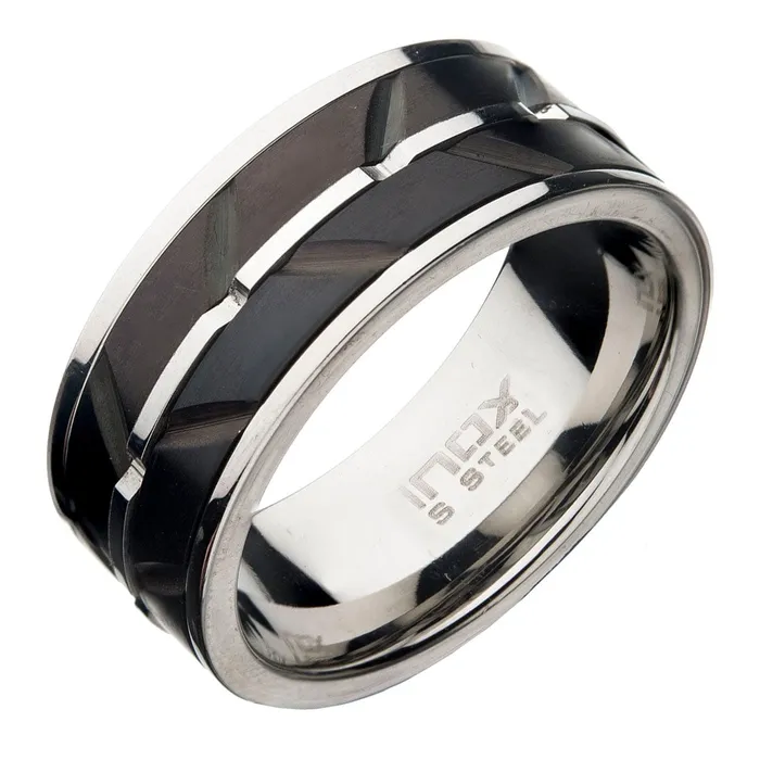 Black and Silver Tone Stainless Steel Matte Finish Raised Wave Accent Inlaid Band Ring INOX JEWELRY Rings Black and Silver Tone Stainless Steel Matte Finish Raised Wave Accent Inlaid Band Ring INOX JEWELRY Rings