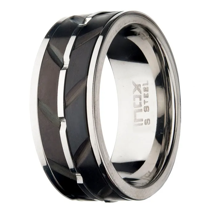 Black and Silver Tone Stainless Steel Matte Finish Raised Wave Accent Inlaid Band Ring INOX JEWELRY Rings