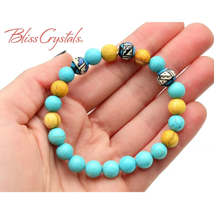 Bliss Crystals Bracelets Blue Howlite Palo Santo aka Holy Wood 8 mm Beaded Stretch Crystal Bracelet TB13