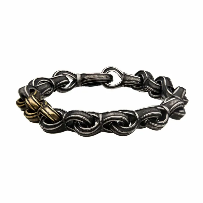 Bracelets INOX JEWELRY Antiqued Golden Tone and Silver Tone Stainless Steel Oxidized Finish Detailed Curb Chain Link Bold Bracelet