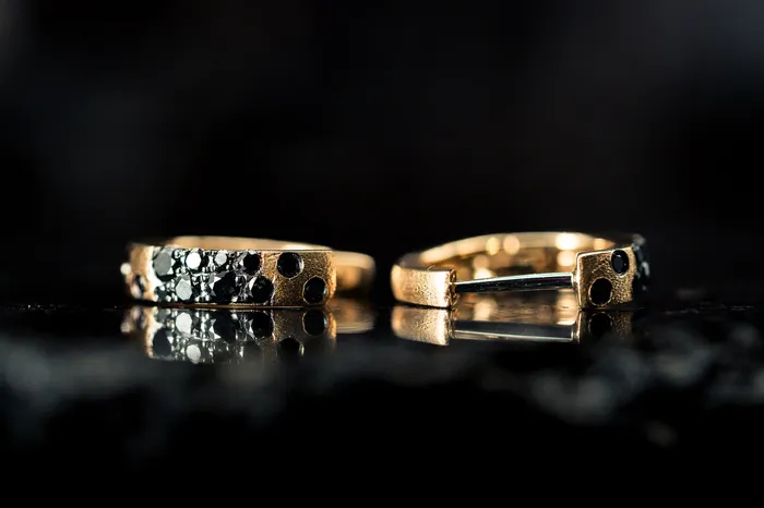 Dilamani Earrings 14k Yellow Gold Small Black Diamond Huggie Hoop Earrings