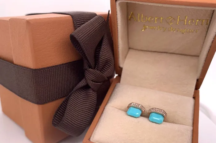 Earrings Albert Hern Earrings 14kt Gold Reconstructed Turquoise Studs with Diamonds