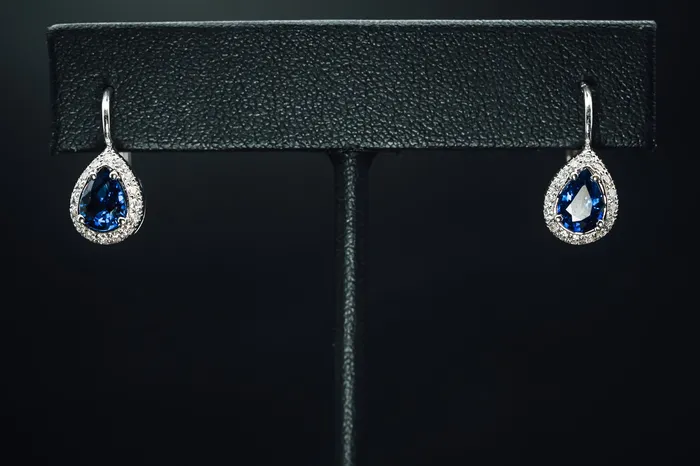 Earrings Consignment 14k White Gold Blue Sapphire and Diamond Halo Drop Earrings Earrings Consignment 14k White Gold Blue Sapphire and Diamond Halo Drop Earrings