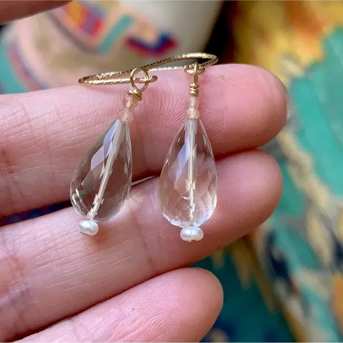 Green Amethyst Lantern Earrings Peach Moonstone and Pearl a Love Vintage Paris Earrings