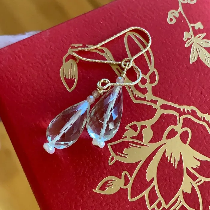 Green Amethyst Lantern Earrings Peach Moonstone and Pearl a Love Vintage Paris Earrings