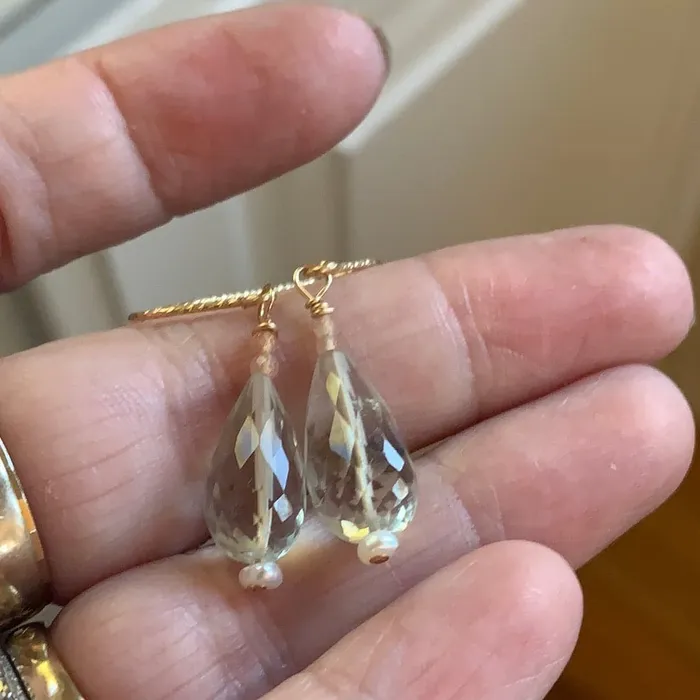 Green Amethyst Lantern Earrings Peach Moonstone and Pearl a Love Vintage Paris Earrings
