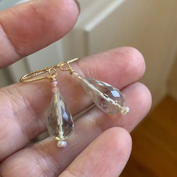 Green Amethyst Lantern Earrings Peach Moonstone and Pearl a Love Vintage Paris Earrings
